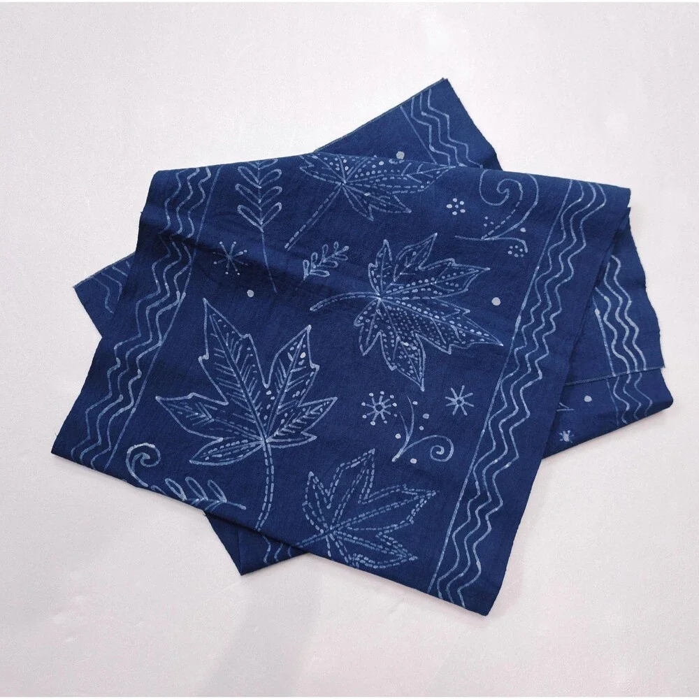 Handmade Indigo Batik Maple Leaf Table Runner, Natural Indigo Cotton Tea Mat